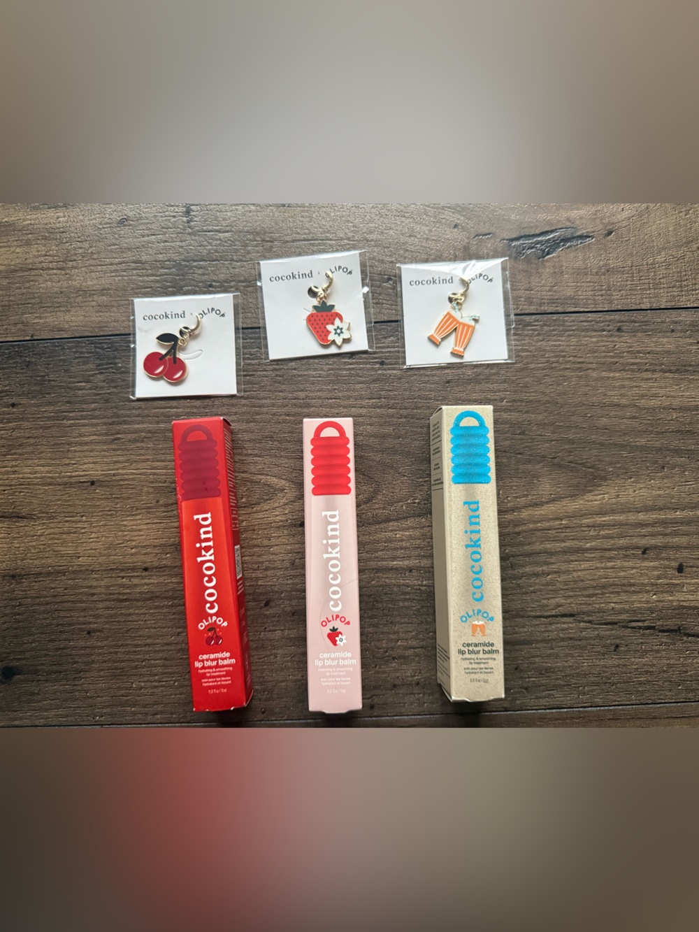 cocokind x Olipop Ceramide Lip Blur Balm Trio with Cute Charms🍒🍓🩵